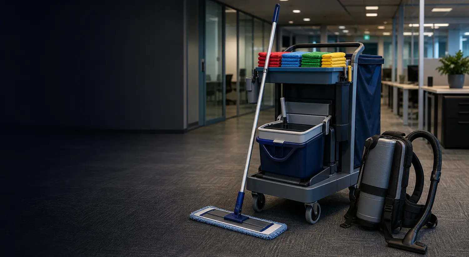 Commercial janitor cart with color-coded microfiber cloths, no-dip flat mop, and HEPA backpack vacuum