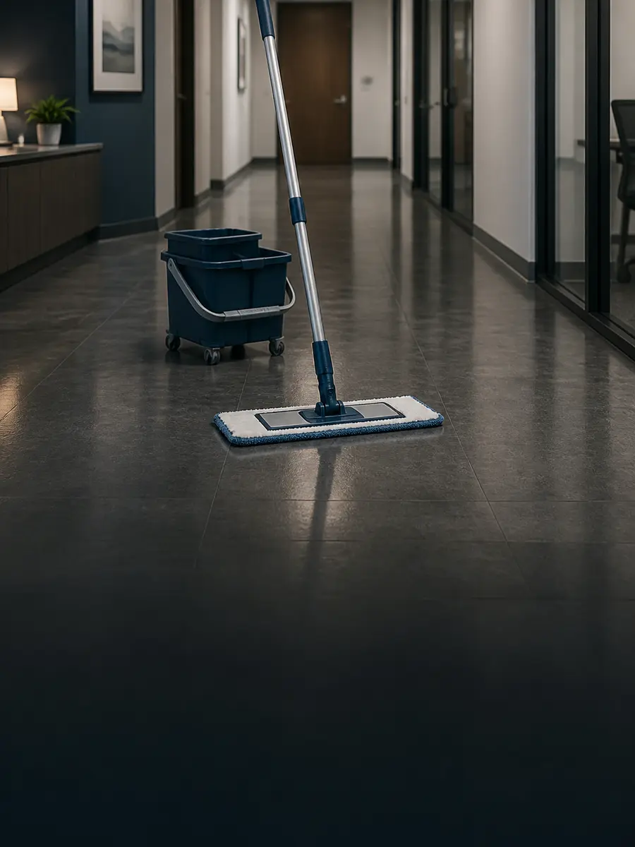 No-dip flat mop setup in a commercial hallway