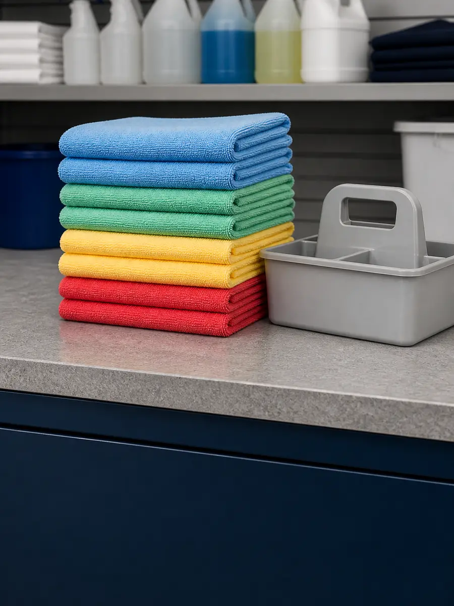 Separated microfiber cloths organized for commercial cleaning tasks