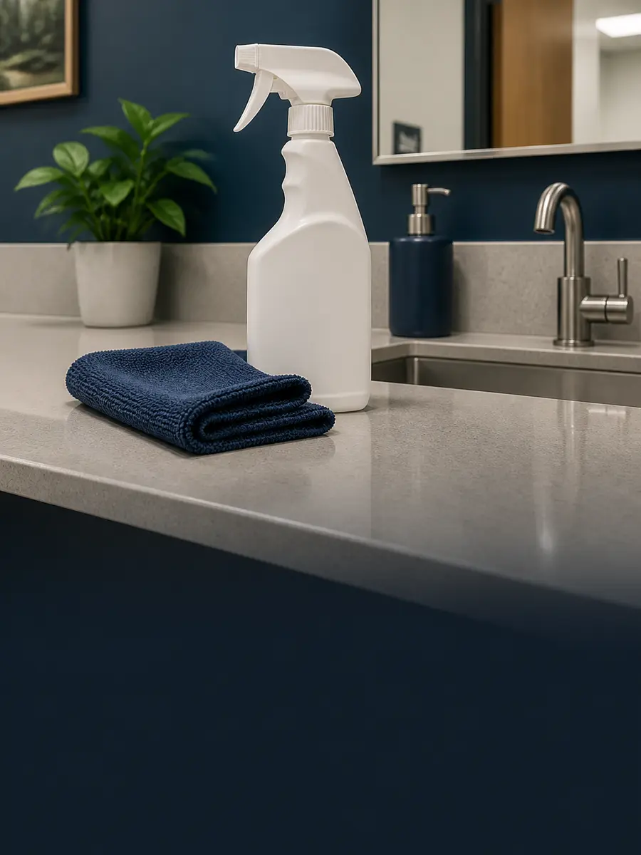 Hospital-grade cleaning solutions staged for commercial cleaning